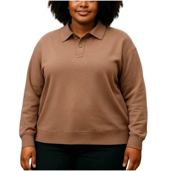 Mondetta Collared Pullover Womens XL Tan Fleece Lined Recycled Fabric Sweater - Picture 2 of 16